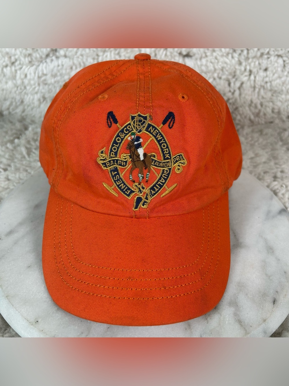 Vintage Polo Ralph Lauren Equestrian Leather Strap Back Orange Hat